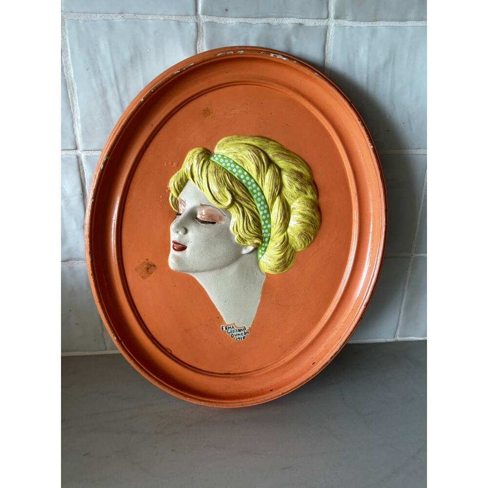 Vintage 1975 Duncan Ceramic Lady Wall Plaque Erma Gilliland Duncan Blonde Retro